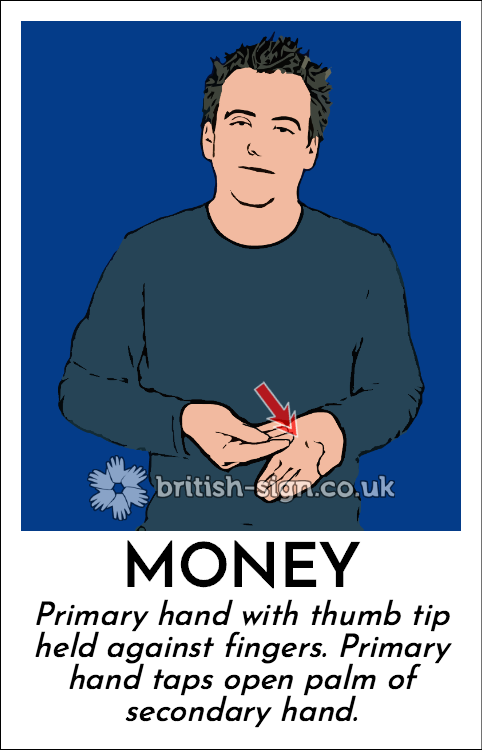 Money: Primary hand with thumb tip held against fingers. Primary hand taps open palm of secondary hand.